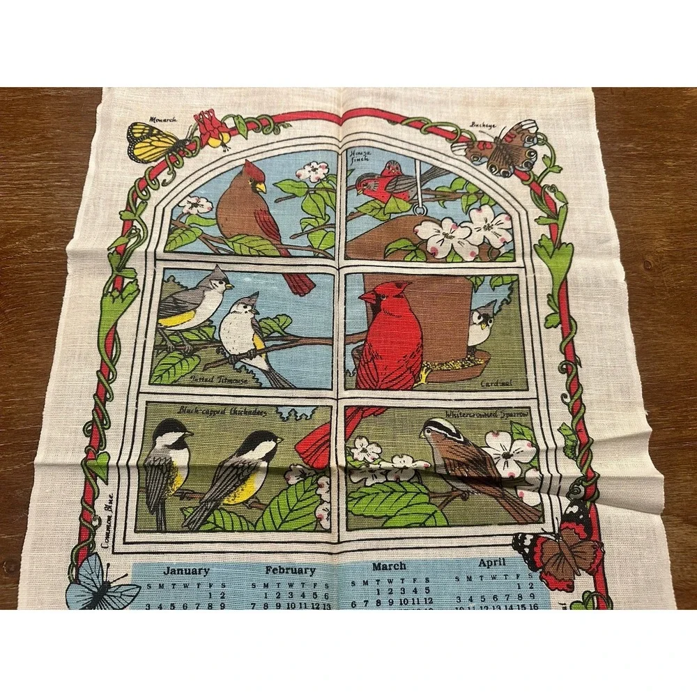 Vintage 1988 Printed Cloth Hanging Wall Calendar Tea Towel Butterfly Flower Bird